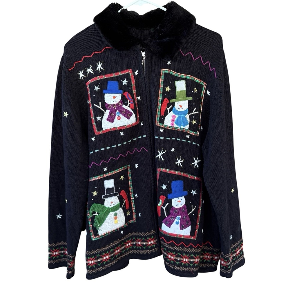 Designer Original Studio Joy Christmas Zip Cardigan Sweater Womens XXL Fur Beads